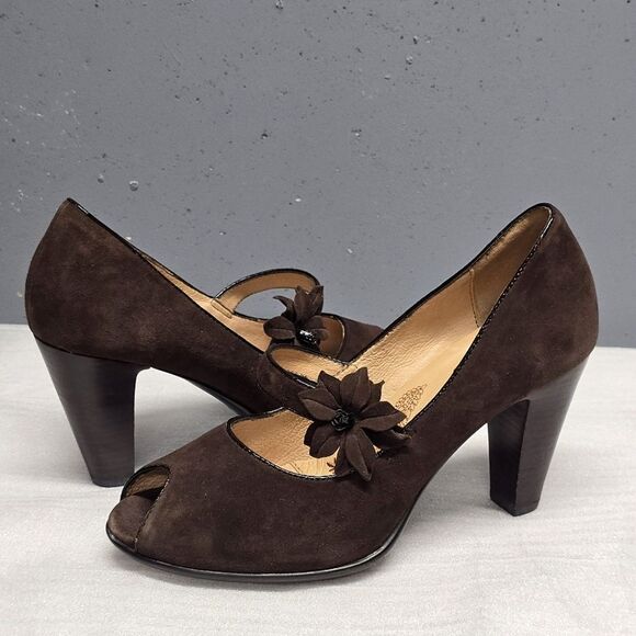 SOFFT GEVA MARY JANE SUEDE PUMPS BROWN PEEP TOE HEELS 7.5M - Picture 1 of 8